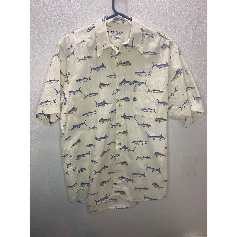 Columbia Fishing‎ Shirt Mens M Off White Marlin Mahi Tarpon Cotton  Short Sleeve